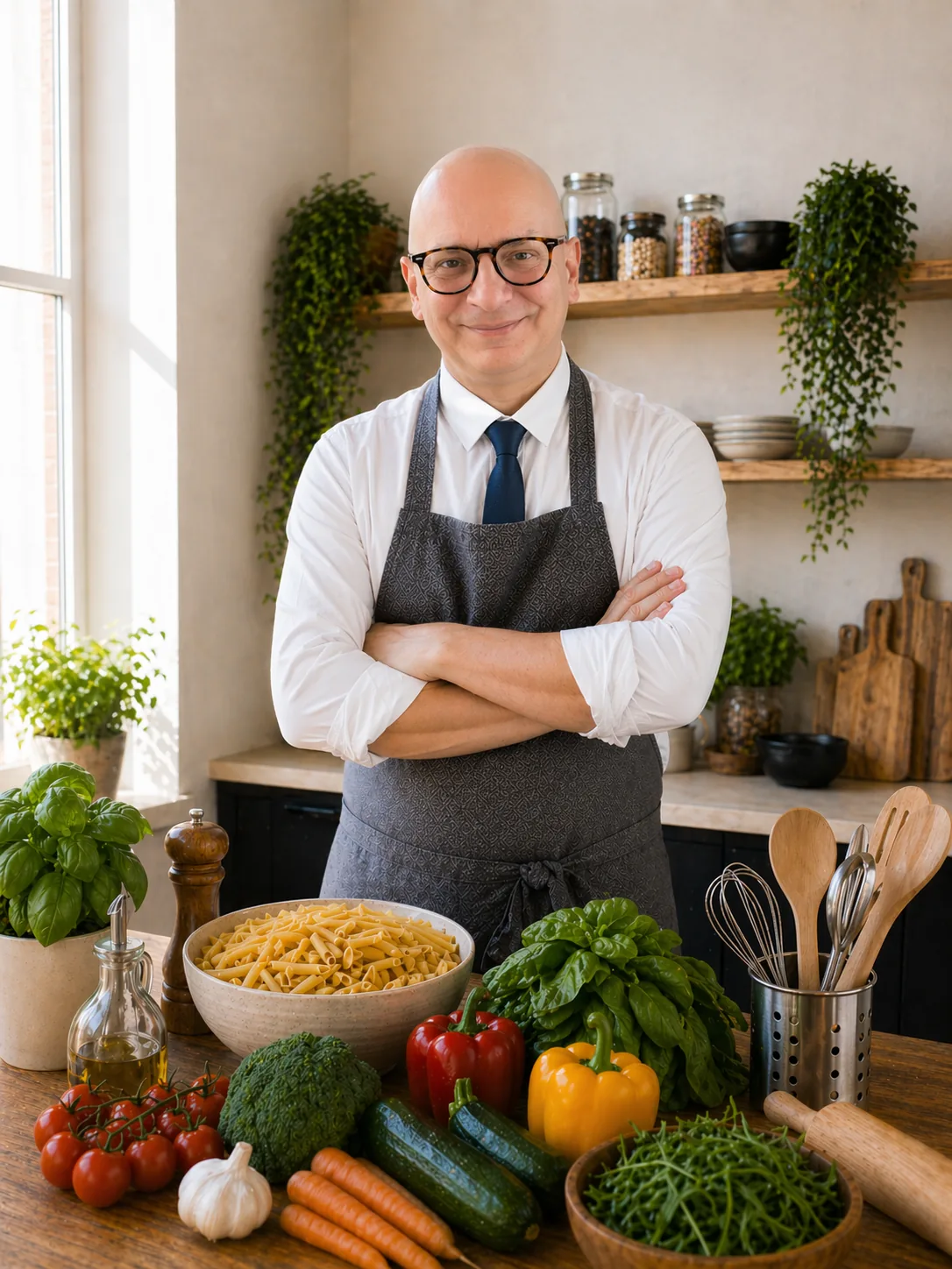 The cook standing with arms crossed behind a wooden table piled with pasta, vegetables, herbs, and olive oil.